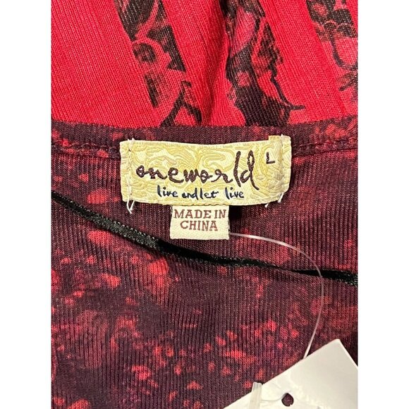 One World Blouse Size Large L Red Black Tunic Top Beaded Neck Long Sleeve New - Picture 8 of 11